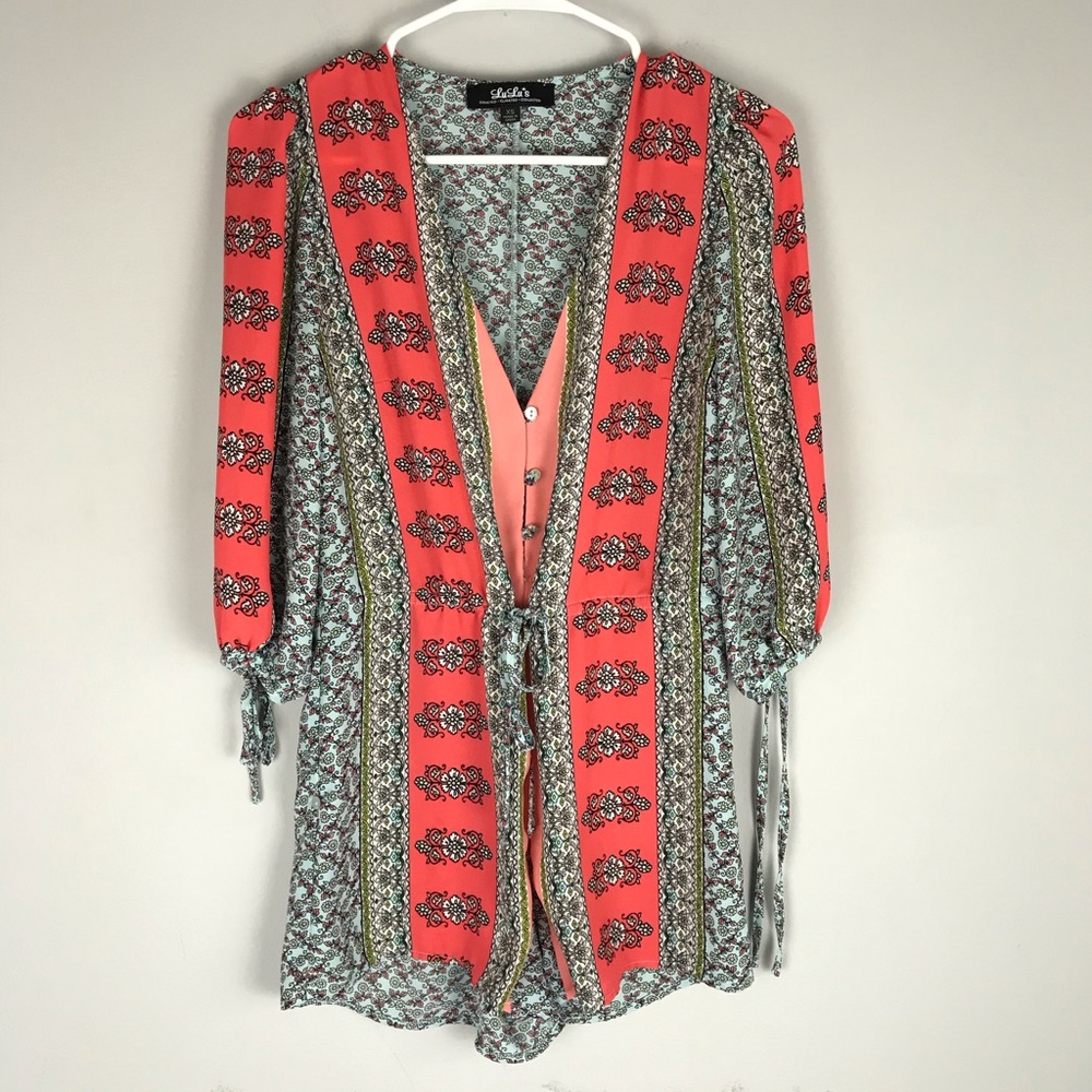 LuLus boho floral romper mix print coral v neck
